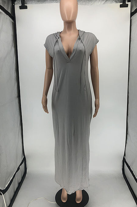 Wholesale Casual Backless Hollow Out Sleeveless Solid Color Hooded Slit Dress RMH8947