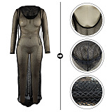 Euramerican Hollow Out Perspectivity Mesh Spaghetti Solid Color Long Dress QQM4230