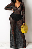 Euramerican Hollow Out Perspectivity Mesh Spaghetti Solid Color Long Dress QQM4230