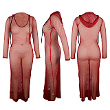 Euramerican Hollow Out Perspectivity Mesh Spaghetti Solid Color Long Dress QQM4230