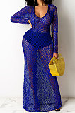 Euramerican Hollow Out Perspectivity Mesh Spaghetti Solid Color Long Dress QQM4230
