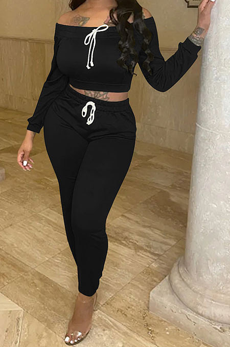 Trendy Pure Color Casual Off Shoulder Bandage Long Sleeve Long Pants Sets CYF5552