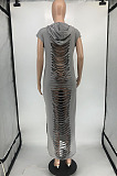 Wholesale Casual Backless Hollow Out Sleeveless Solid Color Hooded Slit Dress RMH8947