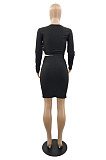 New Cotton Blend Long Sleeve Drawstring Iuuegularity Tops Mini Skirts Suit YMM9093