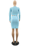 New Cotton Blend Long Sleeve Drawstring Iuuegularity Tops Mini Skirts Suit YMM9093