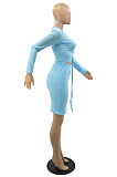 New Cotton Blend Long Sleeve Drawstring Iuuegularity Tops Mini Skirts Suit YMM9093