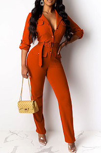 Wholesale Fashion Long Sleeve Lapel Neck Single-Breasted With Belt Cardigan Jumpsuits BN1300