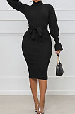 Fashion New Ribber Spliced Velvet With Belt Collect Waist Plain Dress BBN221