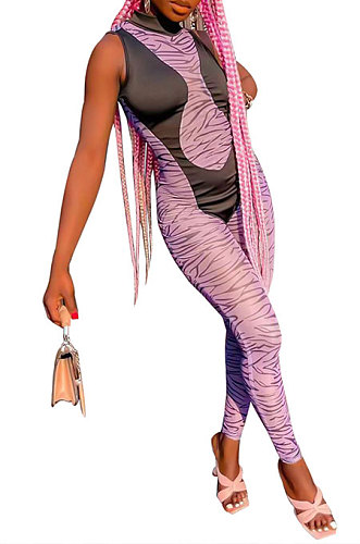 Euramerican Women Stripe Mesh Spaghetti Spliced Sleeveless Bodycon Jumpsuits FFE208