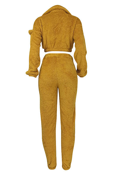 Casual Double Velvet Turn-Down Collar Collect Waist Cardigan Pants Sets ED1107