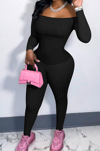 Sexy A Word Shoulder Solid Color Ribber Bodycon Jumpsuits ED8554