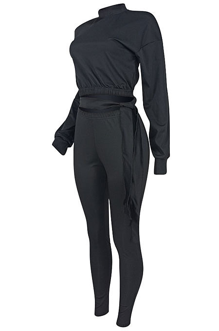 Euramerican Women Fashion Casual Solid Color Dew Waist Pants Sets ED1108