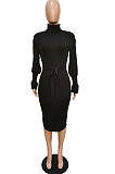 Fashion New Ribber Spliced Velvet With Belt Collect Waist Plain Dress BBN221