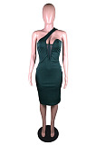Sexy Women Mesh Spliced Oblique Shoulder Zipper Collect Waist Dress BS1302