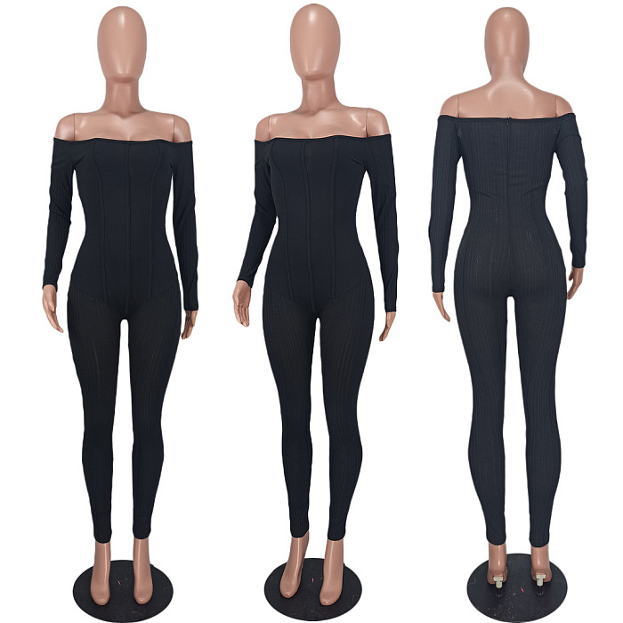 Sexy A Word Shoulder Solid Color Ribber Bodycon Jumpsuits ED8554