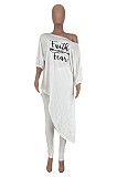 Casual Simple Letter Printed Oblique Shoulder Irregularity Tops Skinny Pants Plain Suit CYY81001