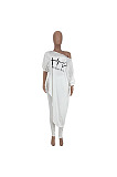 Casual Simple Letter Printed Oblique Shoulder Irregularity Tops Skinny Pants Plain Suit CYY81002