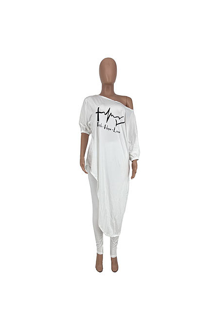 Casual Simple Letter Printed Oblique Shoulder Irregularity Tops Skinny Pants Plain Suit CYY81002