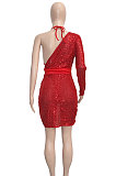 Women Sexy Sequins Backless One Shoulder Split Mini Dress With Underwear SN390199