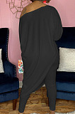 Casual Simple Letter Printed Oblique Shoulder Irregularity Tops Skinny Pants Plain Suit CYY81001