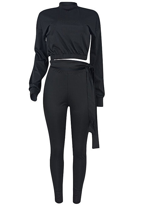 Euramerican Women Fashion Casual Solid Color Dew Waist Pants Sets ED1108