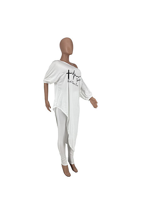 Casual Simple Letter Printed Oblique Shoulder Irregularity Tops Skinny Pants Plain Suit CYY81002