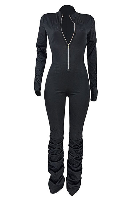 Euramerican Women Stand Collar Pure Color Zipper Ruffle Bodycon Jumpsuits ED1106