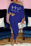 Casual Simple Letter Printed Oblique Shoulder Irregularity Tops Skinny Pants Plain Suit CYY81002