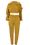 Casual Double Velvet Turn-Down Collar Collect Waist Cardigan Pants Sets ED1107