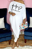 Casual Simple Letter Printed Oblique Shoulder Irregularity Tops Skinny Pants Plain Suit CYY81002