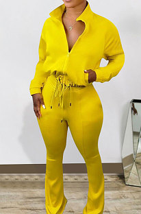 Women Casual Solid Color Cardigan Zipper Collect Waist Sport Pants Sets ED8555