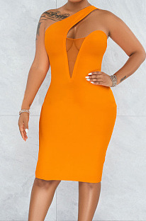 Sexy Women Mesh Spliced Oblique Shoulder Zipper Collect Waist Dress BS1302