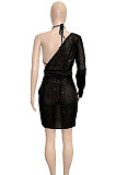 Women Sexy Sequins Backless One Shoulder Split Mini Dress With Underwear SN390199