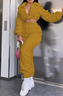 Casual Double Velvet Turn-Down Collar Collect Waist Cardigan Pants Sets ED1107