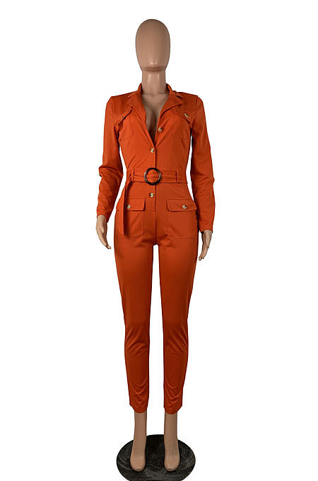 Wholesale Fashion Long Sleeve Lapel Neck Single-Breasted With Belt Cardigan Jumpsuits BN1300