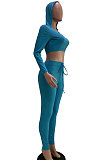 Euramerican Women Ribber Fashion Casual Long Sleeve Solid Color Hoodie Bodycon Pants Sets GLS8008