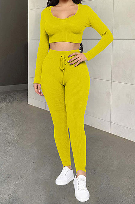 Euramerican Women Ribber Fashion Casual Long Sleeve Solid Color Hoodie Bodycon Pants Sets GLS8008