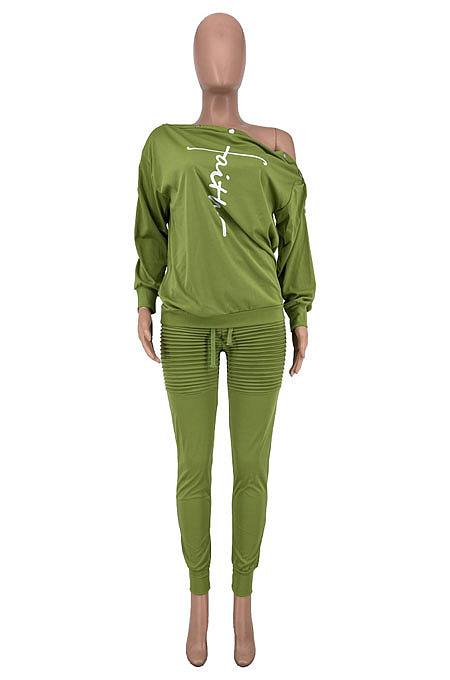 Euramerican Big Yards Printed Botton A Wrod Shoulder Loose Tops Ruffle Pants Plain Suit CYY81005