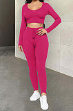 Euramerican Women Ribber Fashion Casual Long Sleeve Solid Color Hoodie Bodycon Pants Sets GLS8008
