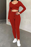 Euramerican Women Ribber Fashion Casual Long Sleeve Solid Color Hoodie Bodycon Pants Sets GLS8008