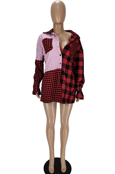Euramerican Simple Plaid Printed Spliced Single-Breasted Sleeve-Ties Shirt Dress MN8391