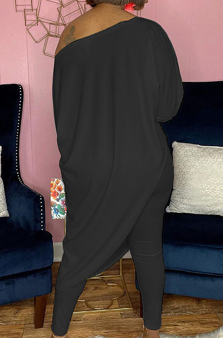 Casual Simple Letter Printed Oblique Shoulder Irregularity Tops Skinny Pants Plain Suit CYY81003