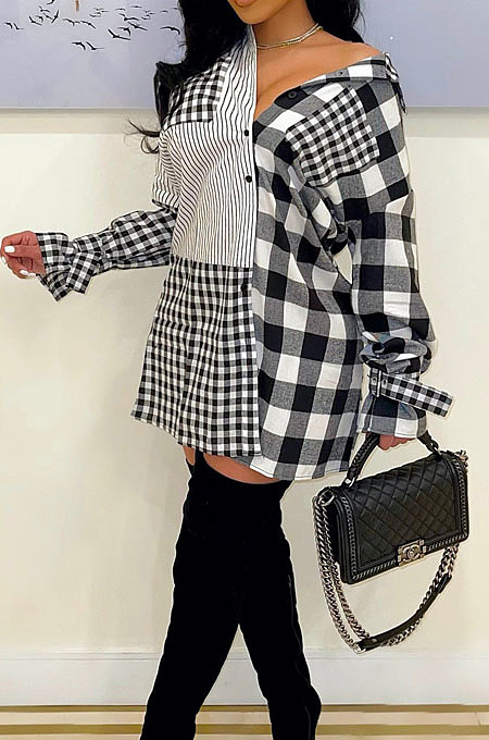 Euramerican Simple Plaid Printed Spliced Single-Breasted Sleeve-Ties Shirt Dress MN8391