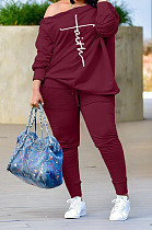 Euramerican Big Yards Printed Botton A Wrod Shoulder Loose Tops Ruffle Pants Plain Suit CYY81005