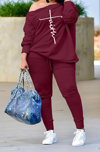 Euramerican Big Yards Printed Botton A Wrod Shoulder Loose Tops Ruffle Pants Plain Suit CYY81005