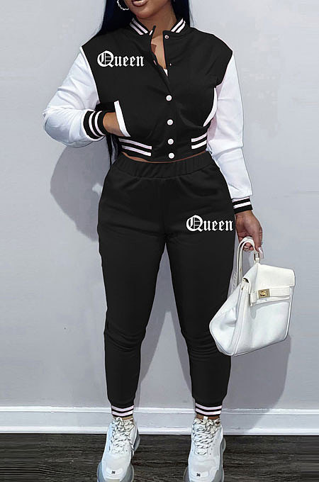Color Matching Letters Printing Cardigan Single-Breasted Long Sleeve Baseball Uniform Pants Sets HTC1163