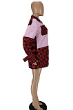 Euramerican Simple Plaid Printed Spliced Single-Breasted Sleeve-Ties Shirt Dress MN8391