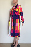 Women Fashion Plaid Winter Single-Breasted Turn-Down Collar Long Outerwear HM5528