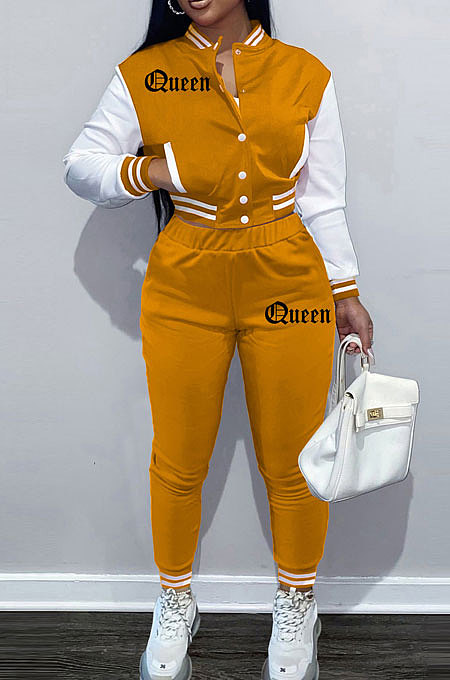 Color Matching Letters Printing Cardigan Single-Breasted Long Sleeve Baseball Uniform Pants Sets HTC1163