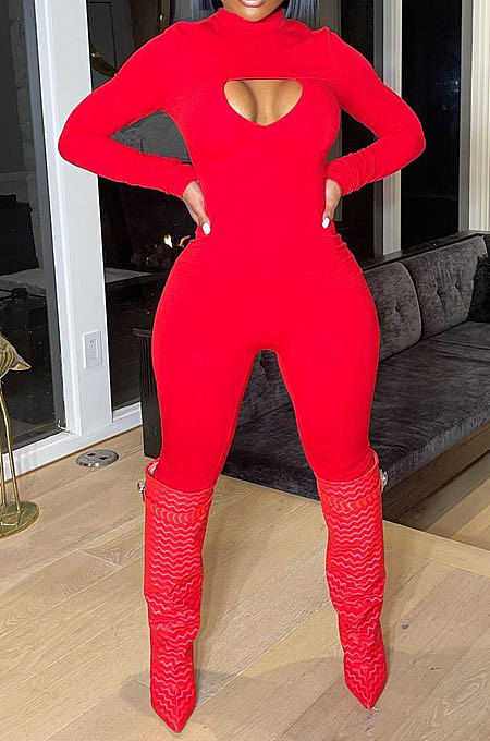 Fashion New Long Sleeve Front Hollow Out Solid Color Bodycon Jumpsuits LML286